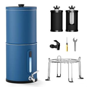 2.25G Gravity Water Filtration System - Water Level WindowNSF/ANSI 42&372 Certification,18/8 Stainless Steel Countertop Water Filter System - Reduce Up to 99.9% Chlorine, for Home, RVing (Blue)