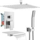 gotonovo Shower System with Tub Spout Ceiling Mount Shower Faucet Set Rain Shower Head and Handheld Combo with Waterfall Bathtub Spout Rough-in Valve Kit Included 16 inch Shower Head Polished Chrome