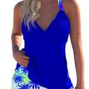 ROSEWE Womens Tankini Bathing Suits, Two-Piece Smocked Swim Dress, Print Swimsuits with Board Shorts Royal Blue, XL
