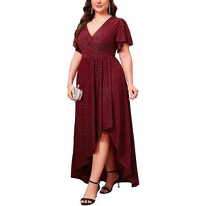 ZOMVA Plus Size 1X-4X Sparkly Glitter Formal Maxi A Line Dress Sparkle Wrap Ruffle Sleeve Prom Dresses Cocktail Evening Gown Red XXL