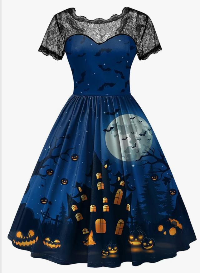 Women Halloween Party Costume Vintage Swing Lace Short Sleeve Witch Dress Size M