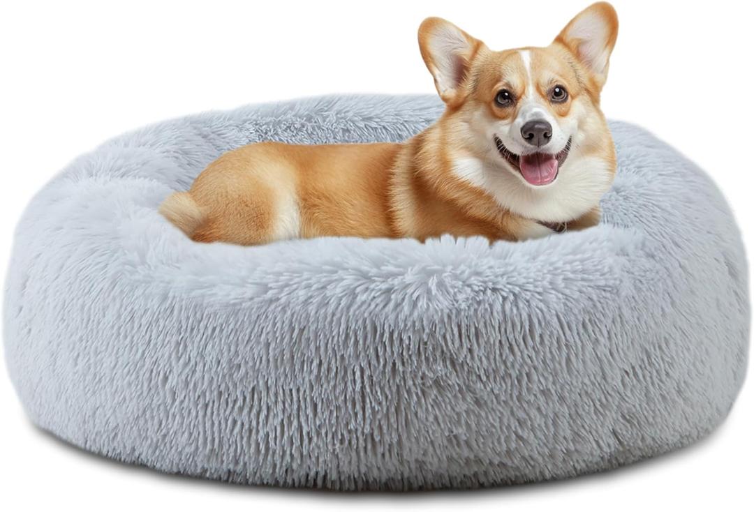 ELSKER&HOME Calming Dog Bed,Donut Washable Warming Soft Round 30 inches Dog Beds for Medium Dogs,Anti-Anxiety Fluffy Plush Cushion Bed Fits up to 45 lbs Pets (Grey)