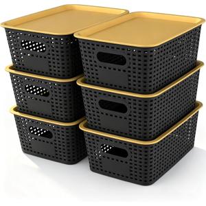 AREYZIN Plastic Storage Bins with Lid, Stackable Storage Bins and Storage Baskets for Shelves, Small Baskets for Organizing, Small Storage Bins, 10.2x7.2x4.1 Inch, 6-Pack, Black