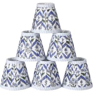6 Set Pleated Block Print Light Blue Lamp Shade Mini 3" Top x 5.5" Bottom x 4.7" High Floral Blue Pleated Chandelier Shades Replacement Small Lamp Shades Clip on Bulb for Candelabra