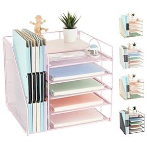 AUPSEN Desk File Organizer, 5-Tier Paper Letter Tray with File Holder Multifunction Office Supplies and Accessories for Office School Home (Pink)