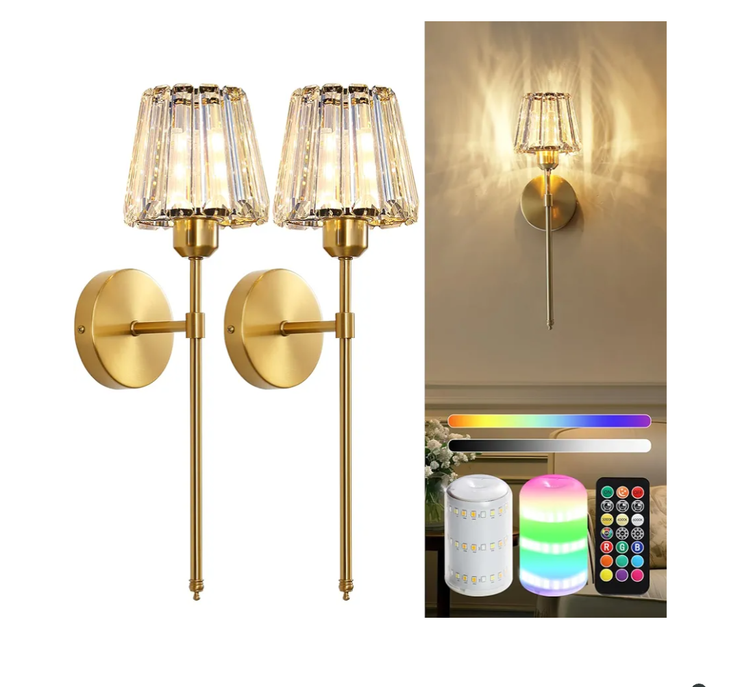Battery Operated Crystal Wall Sconce Set of 2, Gold Rechargeable Wireless Wall Sconces with Remote Dimmable 12 Colors Modes Led Wall Lights, Wall Lamp for Bedroom Living Room Hallway, 2 Bulbs Included