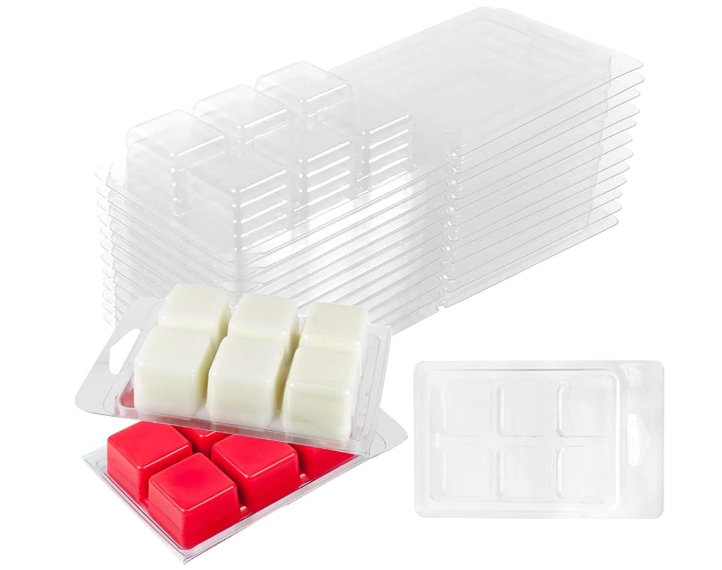 50 Packs Wax Melt Clamshells Molds,Wax Melt Containers,6 Cavity Clear Plastic Cube Tray for Wickless Wax Melt Candles