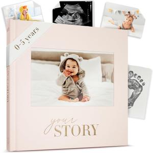 Baby Memory Book  Cream Fabric Baby Journal for Boys or Girls | Keepsake Scrapbook & Photo Album from Birth to Age 5 | Newborn Gift for Baby Shower or New Parents