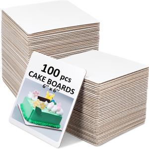 Lallisa 100 Pcs Square Cake Boards 6 Inches Disposable Cake Base Sturdy Grease Proof Stands Cardboard Trays Pad for Pizza Desserts Food Decorating Plate Baking Party Supplies(White)