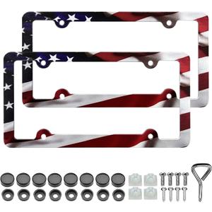 LIN KANG American Flag License Plate Frame Holder - 2 Pack Patriotic Universal Aluminum Matte Stripe US Flag Gloss Car Plate Frame Covers with 4 Holes and Screws Fasteners Caps