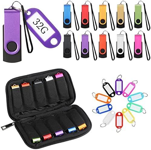 Coume 10 Pack Flash Drives Zip Drives with Lanyards,  Storage Case Metal USB 2.0 Thumb Drives Multi Pack Bulk Swivel Memory Colorful Portable Keychain for Data Storage (32GB)