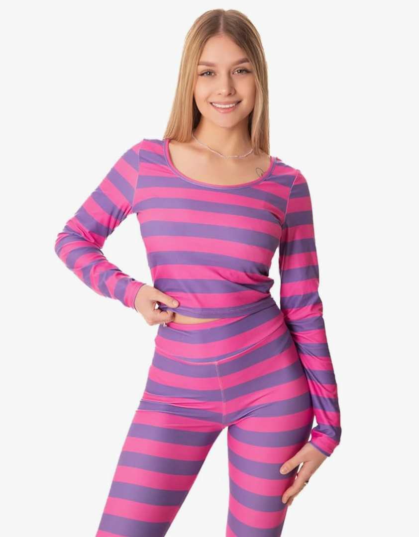 Womens Pink and Purple Striped Cat Costume - Crop Top Shirt and Leggings Animal Halloween Cosplay 2024, S