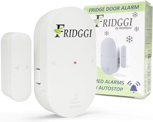 FRIDGGI - Freezer Door Alarm with 60 Second Delay, 2, 3, and 4 Minute Reminders, Refrigerator and Fridge Door Alarm or Chime, Low/Loud 80 to 110 dB – Compact Size. (White)