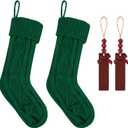2Pack Personalized Christmas Stockings - 18 Inch Large Cable Knitted Xmas Hanging Stockings with DIY Wooden Name Tags for Family Holiday Decor (Green)