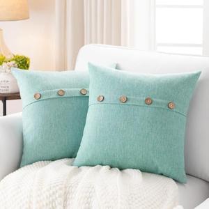 Meekio Set of 2 Aqua Square Pillow Covers 18 x 18 Summer Beach Pillow Covers with Coconut Buttons for Sofa Couch Living Room Bedroom Farmhouse Décor for The Home