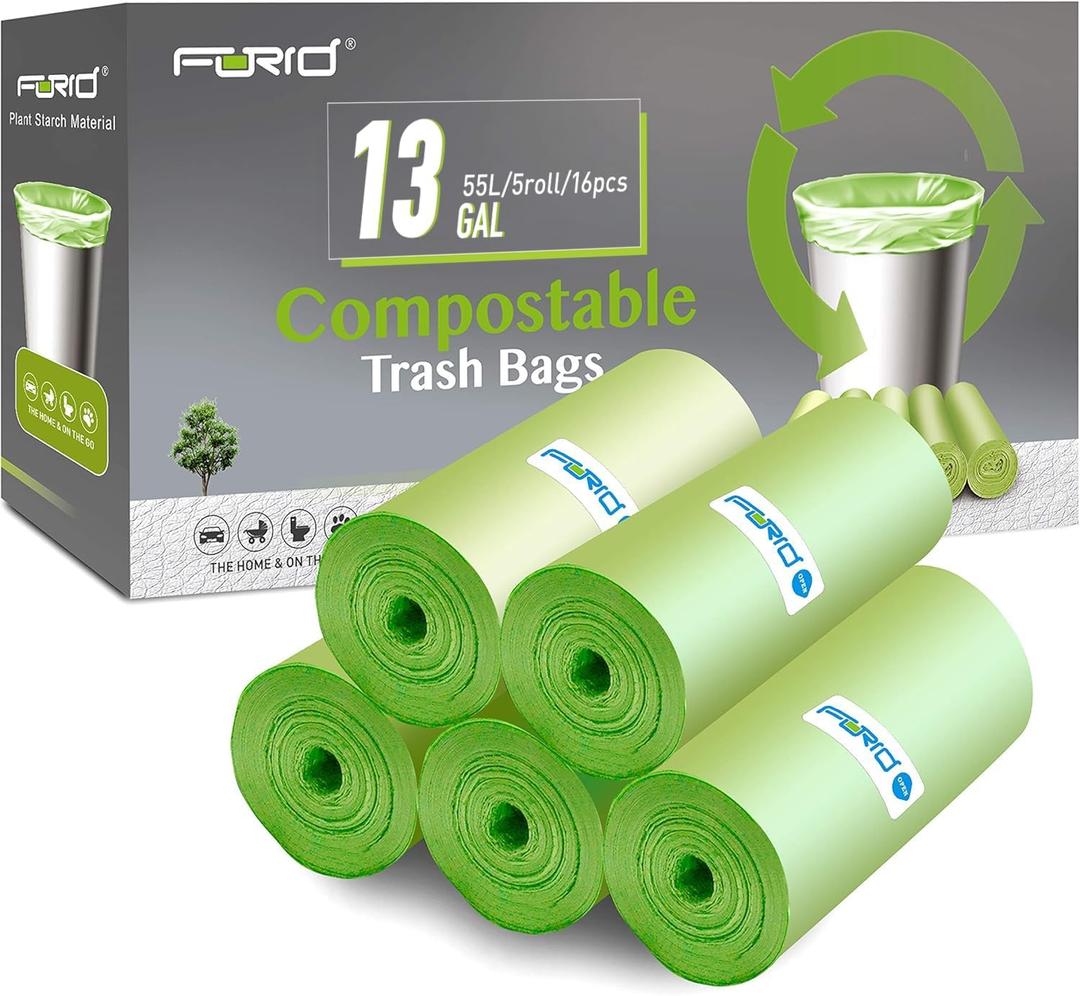 Compostable Garbage Bags - FORID 13 Gallon Tall Kitchen Garbage Bags 80 Count Unscented Garbage Can Liners 55 Liter Medium Wastebasket Bags for Bathroom Home Bedroom Office Garbage Can (5Rolls/Green)