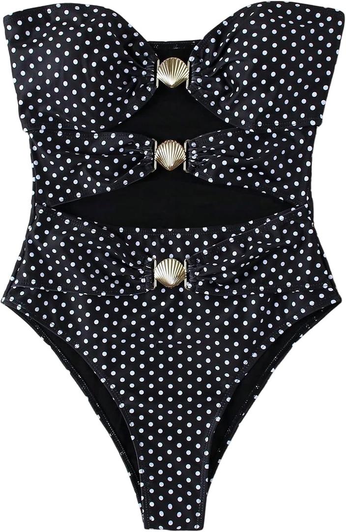 GORGLITTER Women's Polka Dots One Piece Swimsuit Metal Cut Out Strapless Bikini Sexy Monokini Bathing Suit (Black, S)