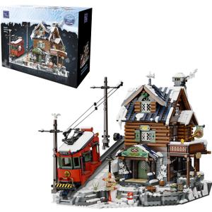 PANTASY Winter Summit Ski Lodge Building Set,3-Story Mountain Cabin with Vintage Tram & Snowy Landscape, Modular Brick Architecture Model with Opening Wall, Ice Cave & Mini figures Holiday Display for Adults