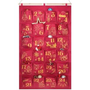 HOWAF Red Gold Fabric Christmas Advent Calendar with Pockets (Countdown to Christmas), 24 Days Mystery Christmas Countdown Calendar for Xmas Holiday Home Wall Decoration