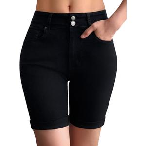 roswear Women's Mid Rise Skinny Butt Lifting Stretchy Bermuda Jeans Shorts (Medium, Black)