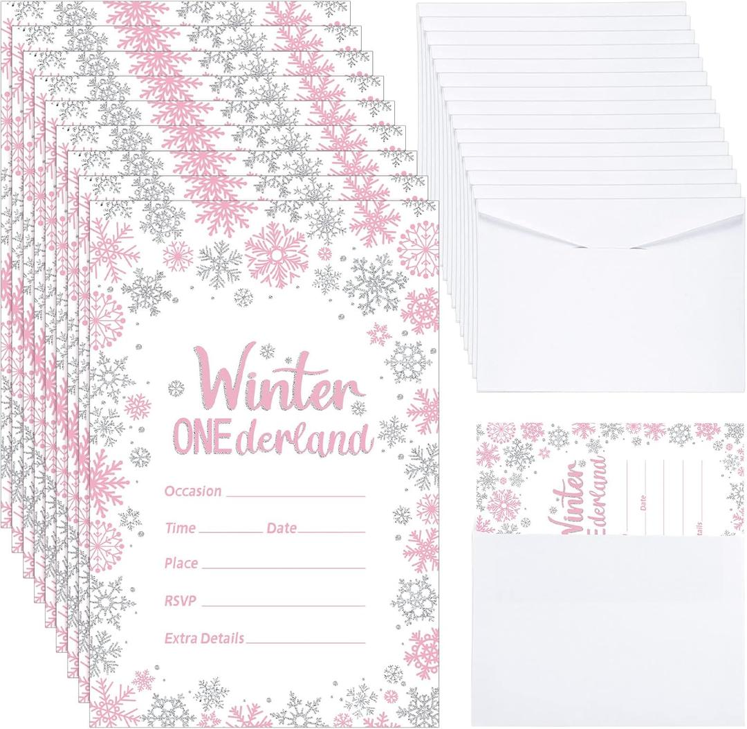 25 Pcs Winter Onederland Birthday Party Invitations with Envelopes First Birthday Decorations Winter Snowflakes Silver Pink Invitations for Holiday Winter 1st Birthday Party Supplies, 4 x 6 Inch