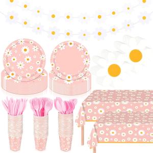 Domensi 214 Pcs Daisy Birthday Party Decorations Set Includes Pink Groovy Daisy Paper Plates and Napkins, Cups, Cutlery, Tablecloths, Banner for Girl Boho Hippie Party Baby Shower Supplies, Serves 30