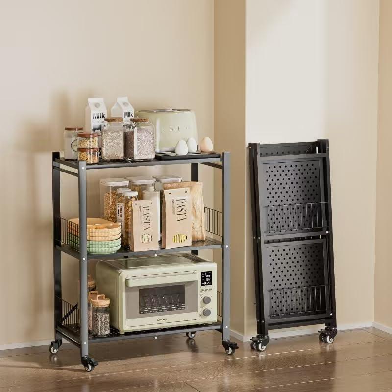 Folding Storage Shelves, 3-Tier Metal Foldable Shelf Shelving Rack Organizer On Rolling Wheels in Kitchen Warehouse Patio Pantry Basement Portable Collapsible Shelves No Assembly (Black, 3-Layer), 27.95 x 14.17 x 36.43 inches