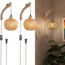 Frideko Bamboo Wall Sconces Set of Two Plug in, Boho Wall Lamp with Plug in Cord, Farmhouse Wall Light Fixtures with 9.84FT On/Off Switch Cord, Rattan Sconces Wall Lighting for Bedroom Living Room