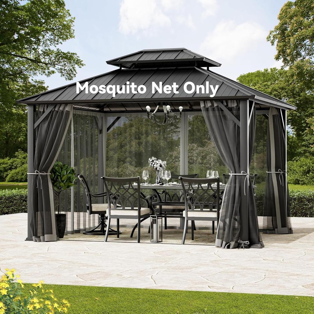 Gazebo Mosquito Netting Replacement Universal 4-Panel Sidewalls 10' x 12', Outdoor Gazebo Mosquito Nettings with Double Zipper, Replacement for Patio Canopy, Garden (Mosquito Net Only) (Khaki and Black)