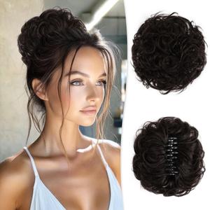 RUWISS Large Messy Bun Hair Piece with Claw Clip Human Hair Bun Wavy Curly Chignon Hair Bun Extensions Tousled Updo Hair Pieces for Women Claw Clip Ponytail Hair Scrunchies for Women, Brown Black (45g)