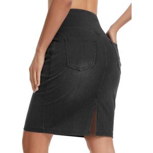 THE GYM PEOPLE Women's High Waist Pencil Jean Skirts Stretchy Denim Skirt | Back Slit, Knee Length, 4 Real Pockets, Pull On, Tummy Control, Slim Fit, Figure hug, for office, Street, Travel, date (Black, L)