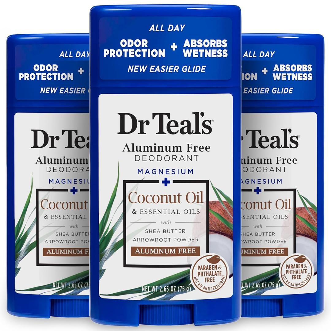 Dr Teal's Aluminum Free Deodorant, Coconut Oil with Essential Oils, 2.65 oz (Pack of 3)