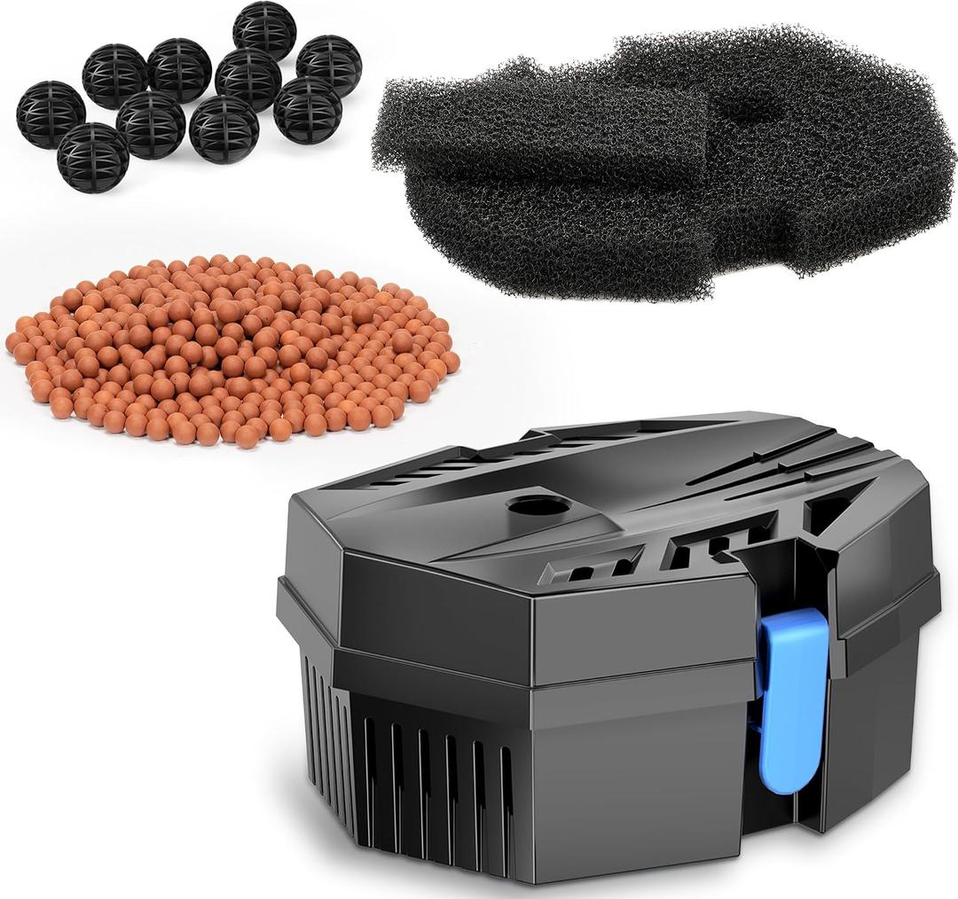 POPOSOAP Pond Filter for Outdoor Ponds, Small Filter Box with Filter Pads, 10 Bio-Balls & Ceramic Rings for Outdoor Pond Pump Submersible Fountain Pump