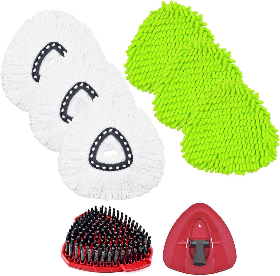 6PCS Mop Heads Replacements for OCedar, 1PCS Scrub Brush and 1PCS Spin Mop Base Compatible with Ocedar EasyWring 1 Tank System, Dry and Wet for Cleaning All Hard-surfaced Floors
