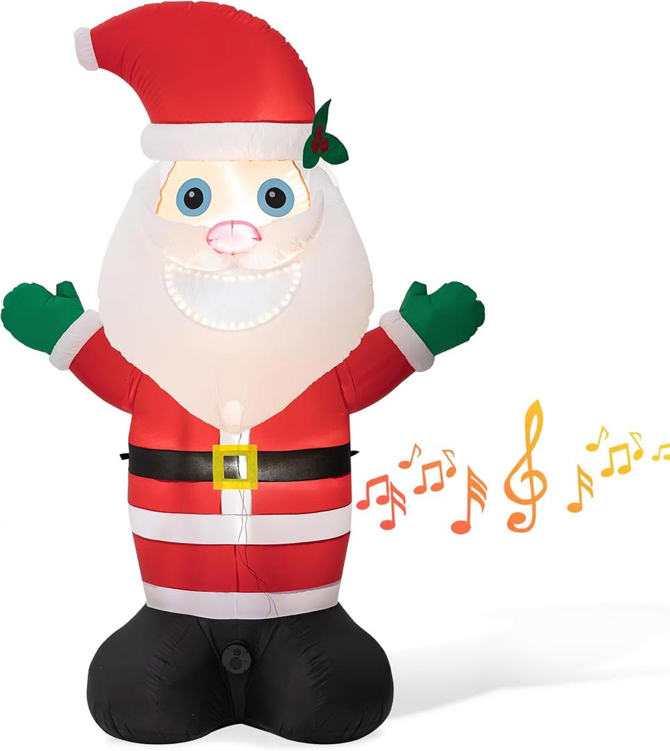 Glitzhome 8ft Christmas Inflatable Decorations Musical Santa Decors with Build-in LEDs Blow Up Inflatables for Xmas Party Yard Lawn Garden Decors