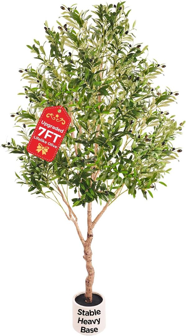 Large Olive Trees Artificial Indoor, Upgraded 7FT Faux Olive Tree with Natural Wood Trunk and Lifelike Fruits, White Tall Planter, Modern Artificial Plants for Home/Office Decor Gifts