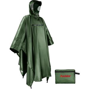 Andake Waterproof Rain Poncho for Adults Unisex,230T Ripstop Polyester,Raincoat Gear with Transparent Viewing Window Outdoors (One Size, Dark Green)