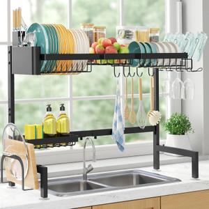 Over The Sink Dish Drying Rack - Adjustable 2 Tier X-Large Capacity Stainless Steel Drainer with Cutlery & Utensil Holders, Kitchen Storage & Organization, 31.5"-39.5"L x 12"W x 24.5"H, Black