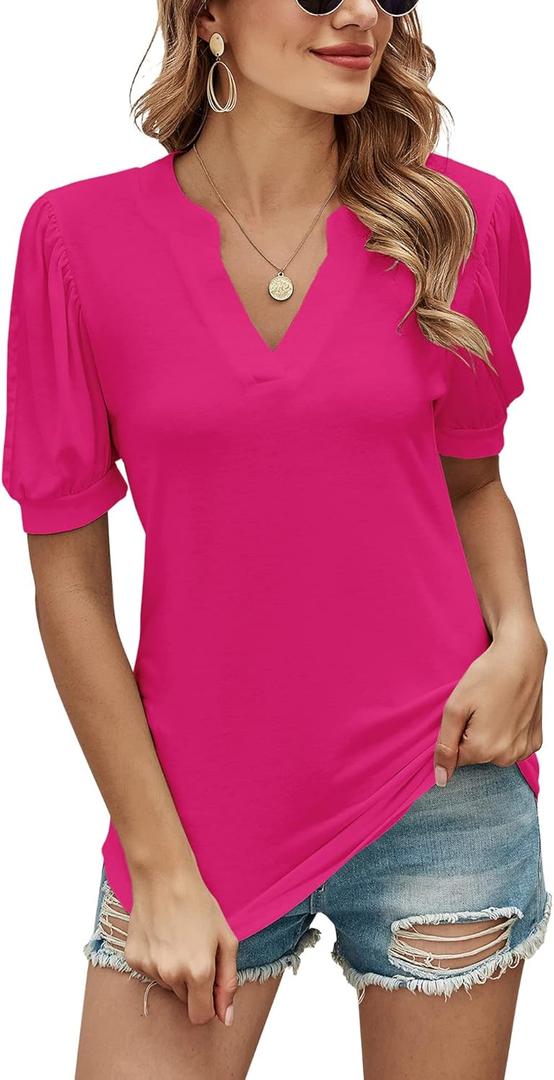 Romanstii Women Casual V-Neck T-Shirts Loose Puff Short Sleeve Tops Tunic Blouses (Pink, XL)