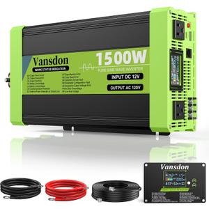 Vansdon 1500W Pure Sine Wave Inverter 12V DC to 120V AC Power Inverters for RV,Truck, Vehicles, Solar, Off-Grid, Car Power Inverter with LCD Display, 2 AC Outlet, 30W USB-C, 5V 2.1A USB, Surge 3000W