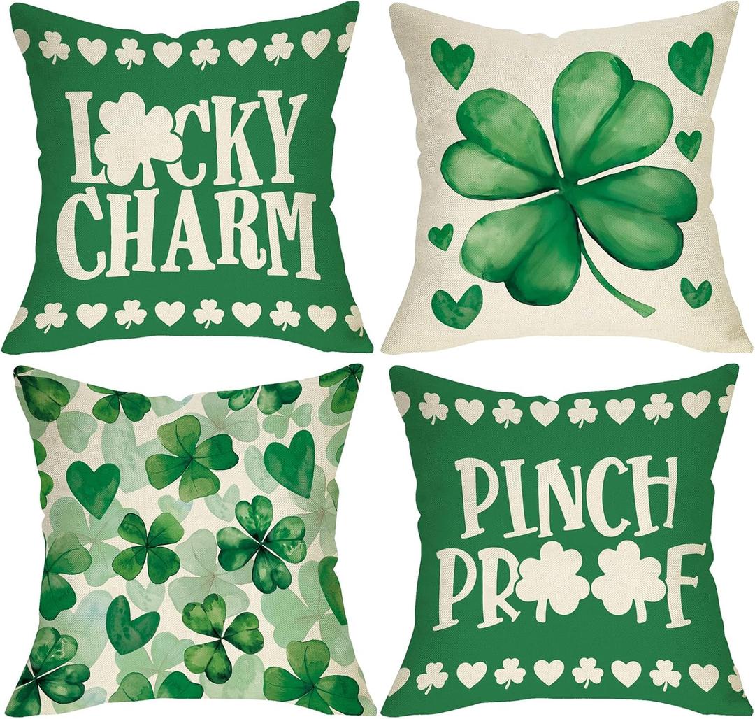 St Patricks Day Decorative Throw Pillow Covers 18 x 18 Set of 4, Lucky Charm Shamrock Clover Porch Outdoor Home Decor, Pinch Proof Love Hearts Irish Spring Sofa Couch Cushion Case