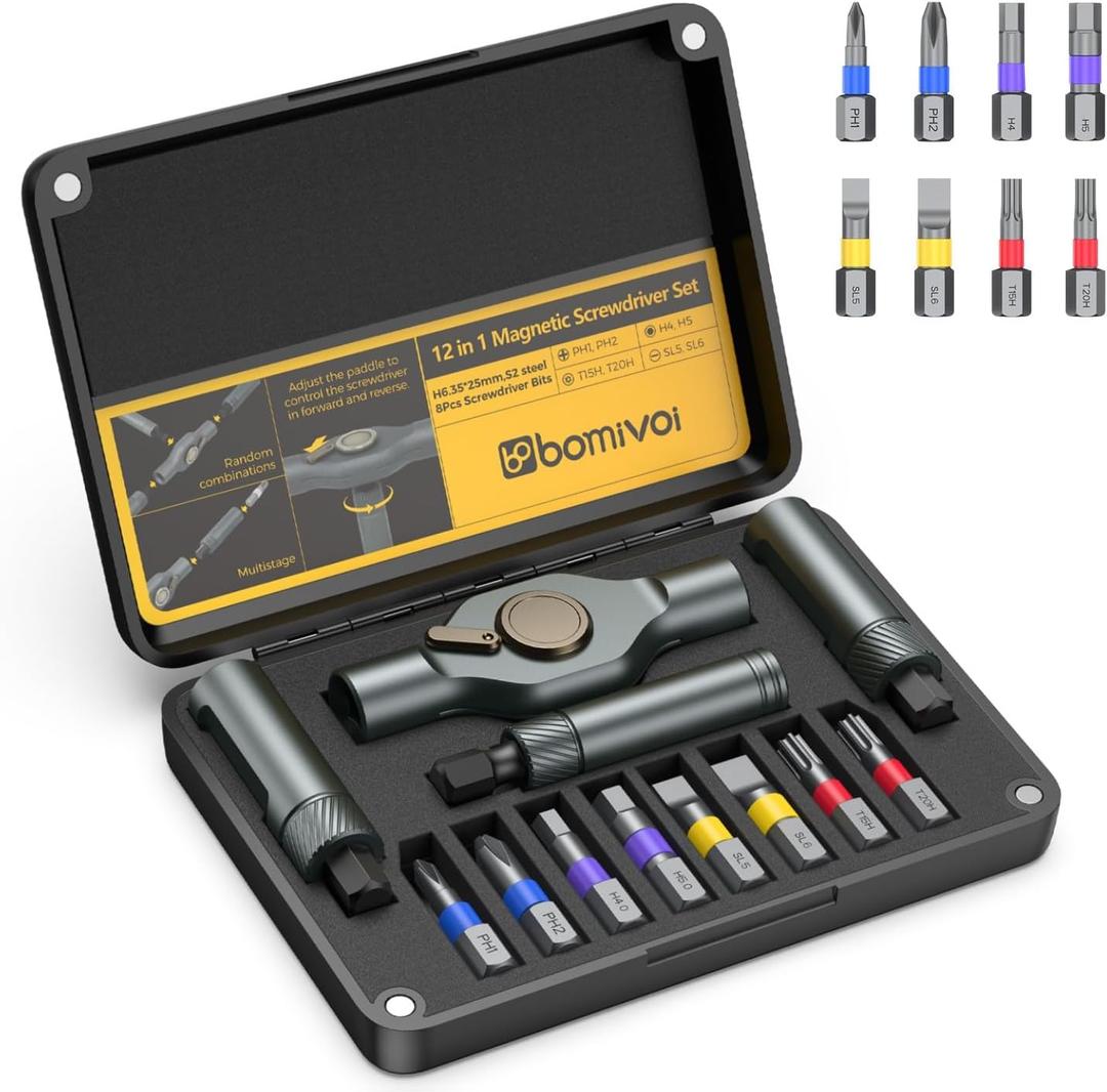 ORIA Magnetic Ratchet Screwdriver Set, Portable Ratcheting Screwdriver Set with Flexible T-Handle, 8 S2 Steel Bits, Mini Repair Tool Kit for DIY, Bicycle, PC, Furniture