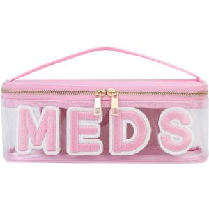 Clear PVC Letter Patch MEDS RX Makeup Bag with Metal Zipper, Large Capacity Nylon Transparent Medicine Bag with Top Handle, First Aid Travel Organizer Cosmetic Bag (02Pink MEDS)