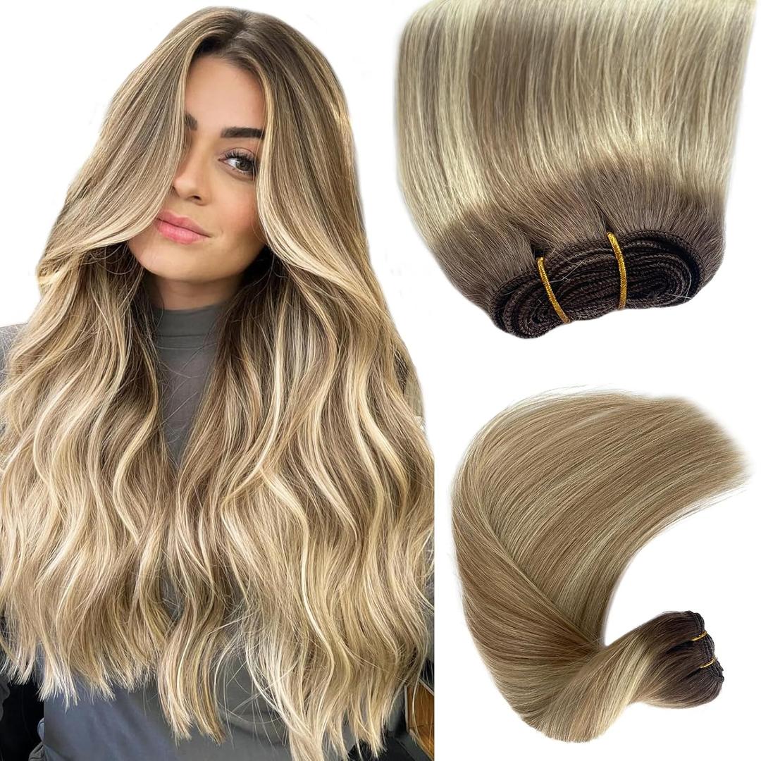 Sew in Hair Extensions Real Human Hair, 20 Inch 100G Weft Hair Extensions Human Hair, Hand Tied Weft Hair Extensions Human Hair Ombre Brown Weave Bundles Balayage Ash Blonde Human Hair Weft Extensions