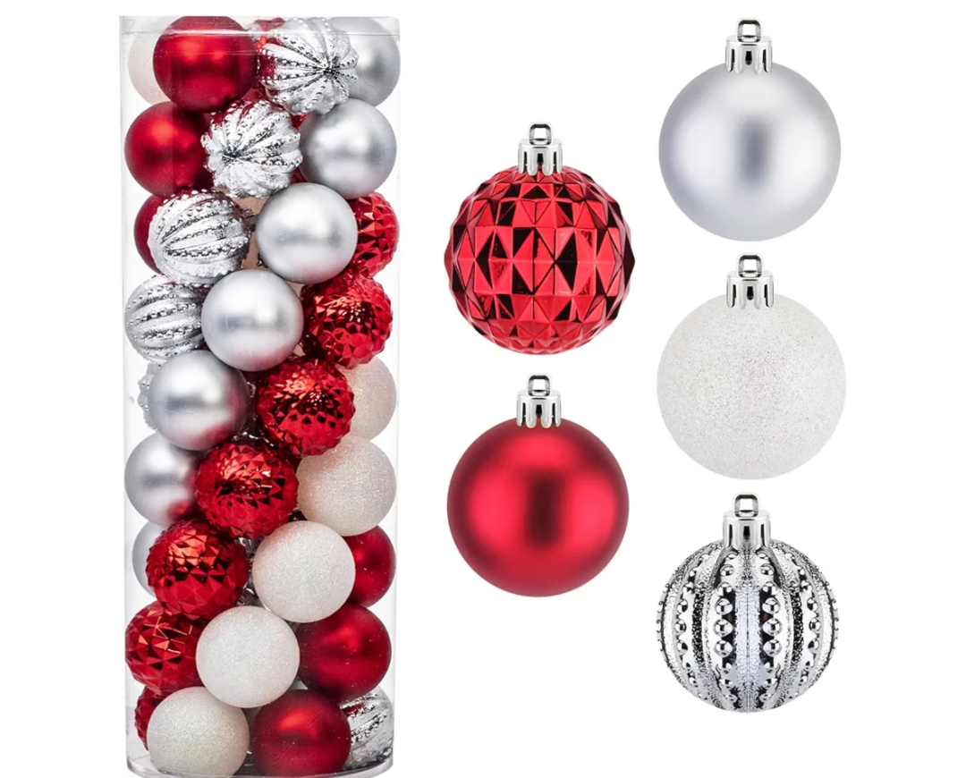 Amooca 45pc 2.36'' Christmas Ball Ornaments Xmas Tree Hanging Decoration for Festival Party Home Holiday Wedding Decors Shatterproof Plastic Balls Red & Silver & White
