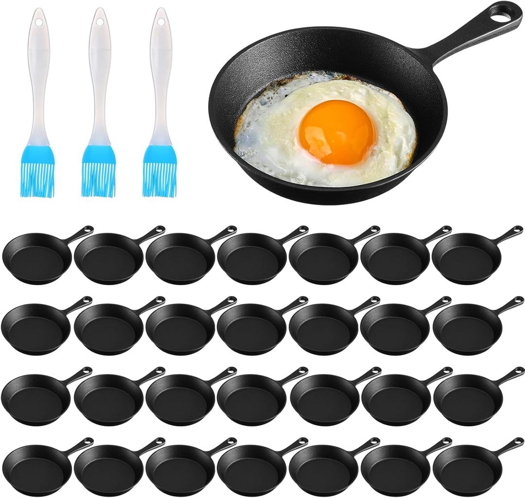 Remerry 30 Sets 4 Inches Cast Iron Skillets Mini Black Iron Nonstick Frying Pan Small Sizzling Plate Egg Pan Cast Pot Bundle with Oil Brush for Indoor and Outdoor Restaurant Kitchen