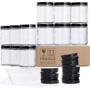 12 Pack, 8 OZ Thick Glass Jars with Lids, Clear Candle Jars with 12 Metal & 12 Plastic Lids - Empty Round Food Storage Containers, Canning Jar For Spice, Powder, Liquid, Sample - Dishwasher Safe