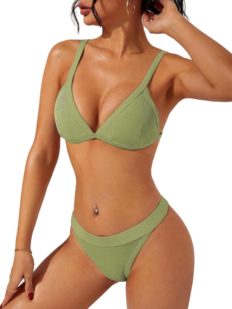 swimall Women's Triangle Bikini Set Sexy Brazilian Sporty Two Piece Swimsuit Cute Bathing Suit (Green, S)