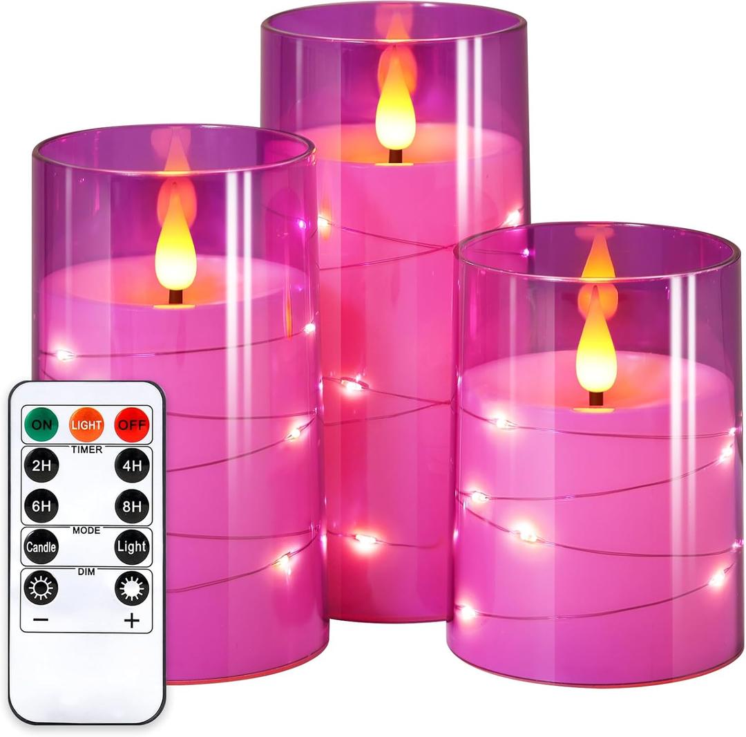 NURADA Flickering Flameless Candles: Built-in Star String Lights 3D Wick Acrylic Battery Operated LED Pillar Candles with Remote and Timer for Table Wedding Centerpieces Party 3 Pack Purple (4-5-6 inches)
