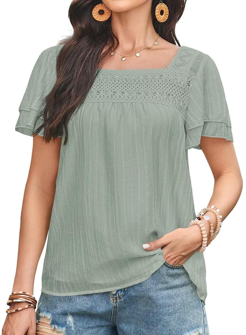 Falechay Babydoll Summer Tops for Women Ruffle Short Sleeve Square Neck Flowy Blouse Floral Crochet Bohemian Chiffon Shirts Spring Lace Clothing Green S (S)
